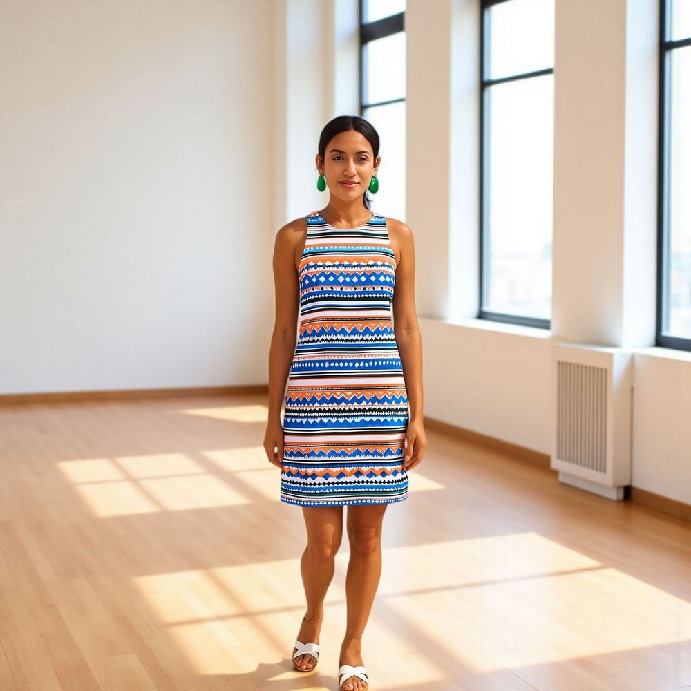 JADE by Melody Tam Aztec Stripe Shift Dress Orange Zip Cotton Lined M Tribal Mod